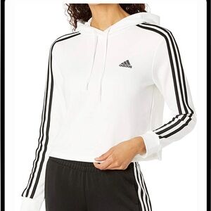 NWT $50 Adidas Women's White/Black Essentials 3-Stripes Cropped Hoodie  Small